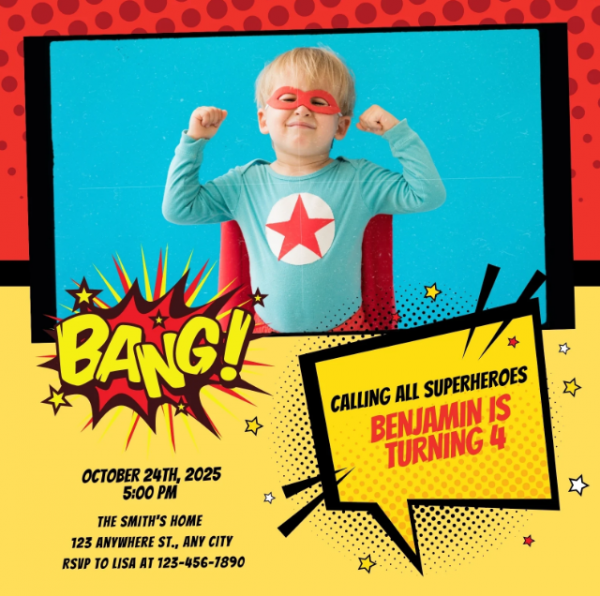 Desain undangan dengan tema superheroin